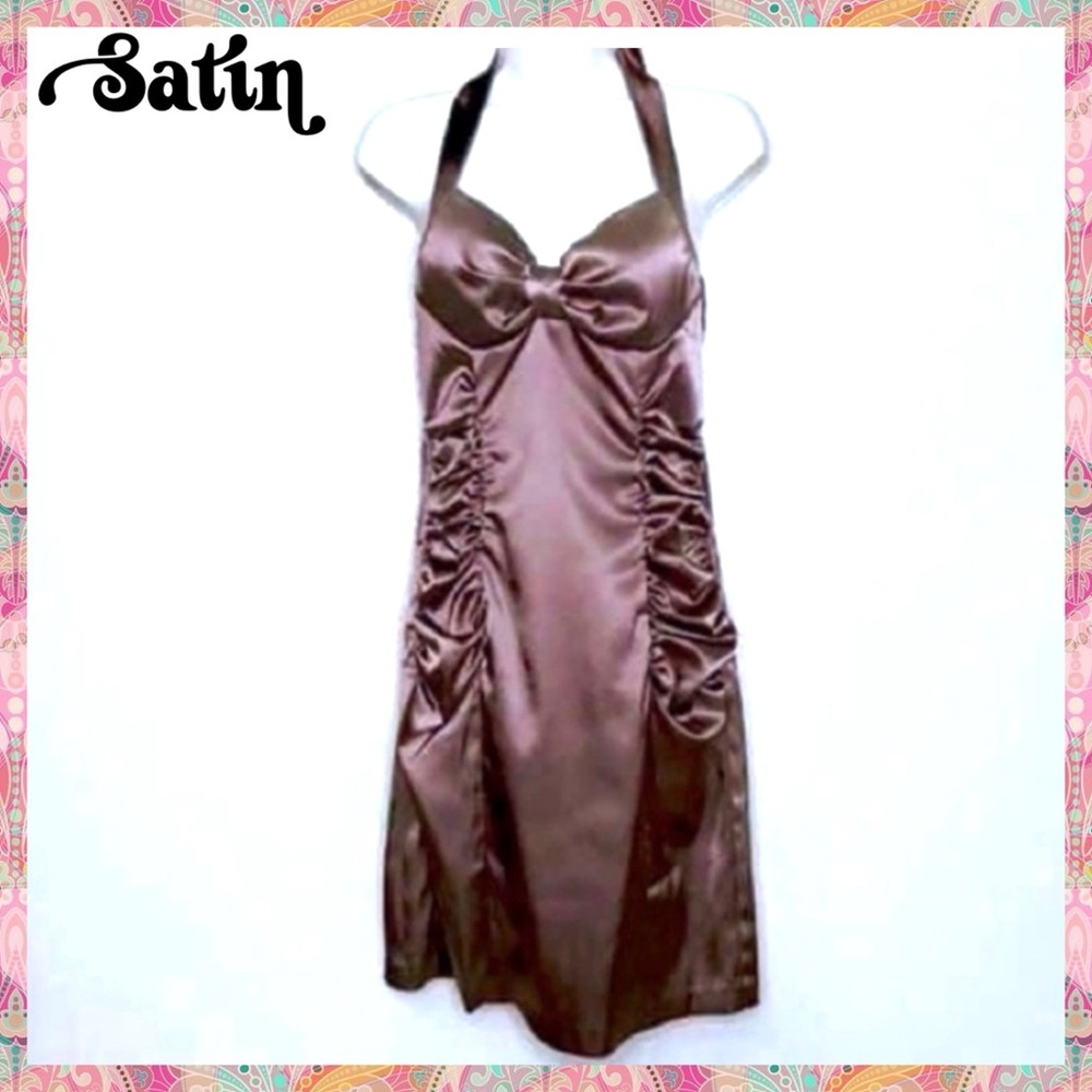 Ruby Rox Y2K Brown Satin Ruched Halter Mini Dress Women’s Small